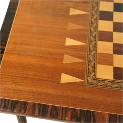 19th century mahogany fold-over card table, the crossbanded rectangular top opening to reveal an inlaid games centre with chessboard and backgammon designs, raised on turned and reeded legs with extending rear supports