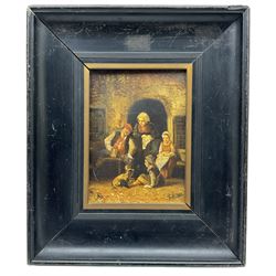 After Adriaen Van Ostade (1610-1685): Family Outside Cottage, oil on ceramic inscribed 19cm x 14cm