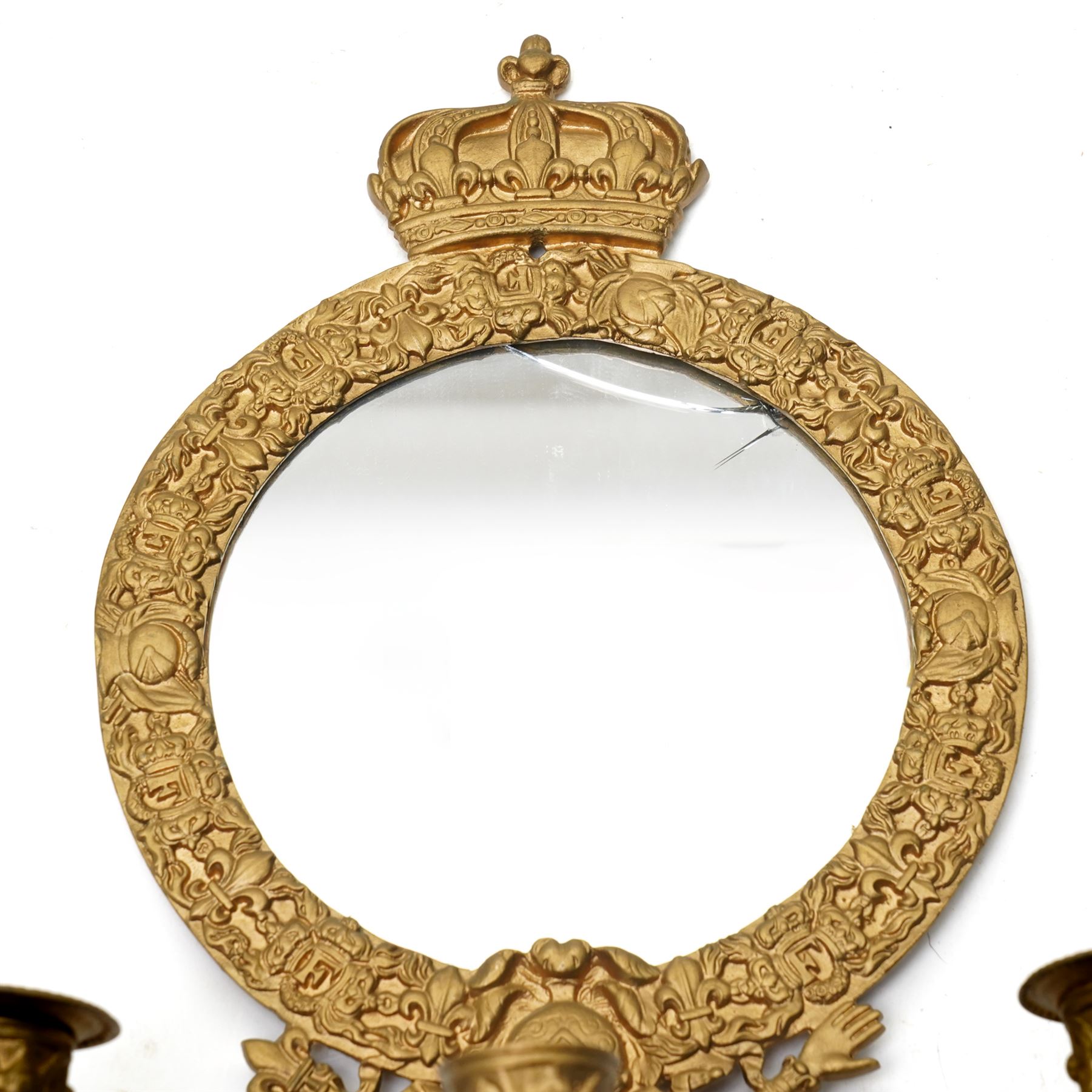 Pair of gilt metal three branch girandole, each surmounted by a coronet, H37cm (2)