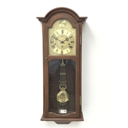  German wall clock, arched case with brass dial, three train movement chiming on rods, H82cm, W33cm  