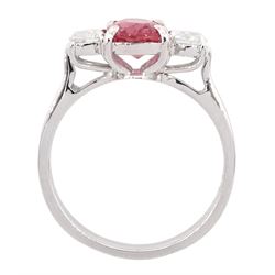 18ct white gold three stone oval cut pink tourmaline and round brilliant cut diamond ring, hallmarked, tourmaline approx 2.60 carat, total diamond weight approx 0.40 carat