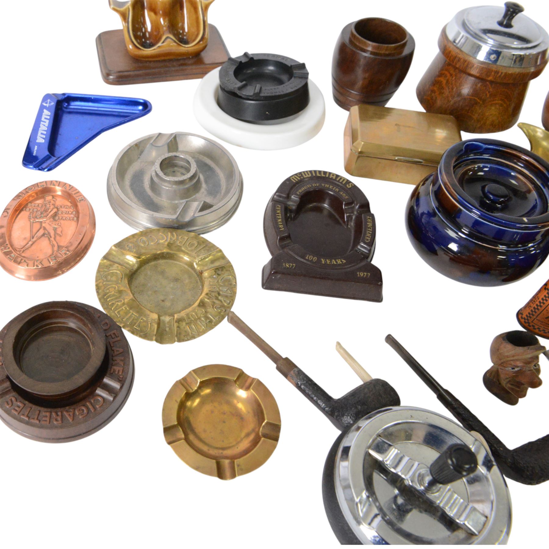 Collection of ashtrays and other smoking paraphernalia, including pipes, cigarette dispensers etc  