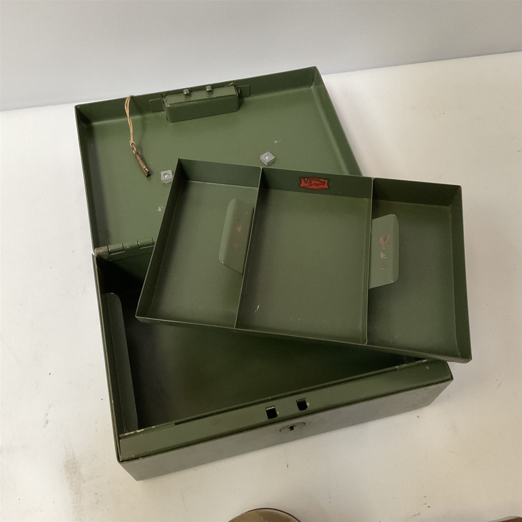 Metal cash box with key and removable tray,  together with recording clack, PAT No.544119, box L25.5cm, D18cm