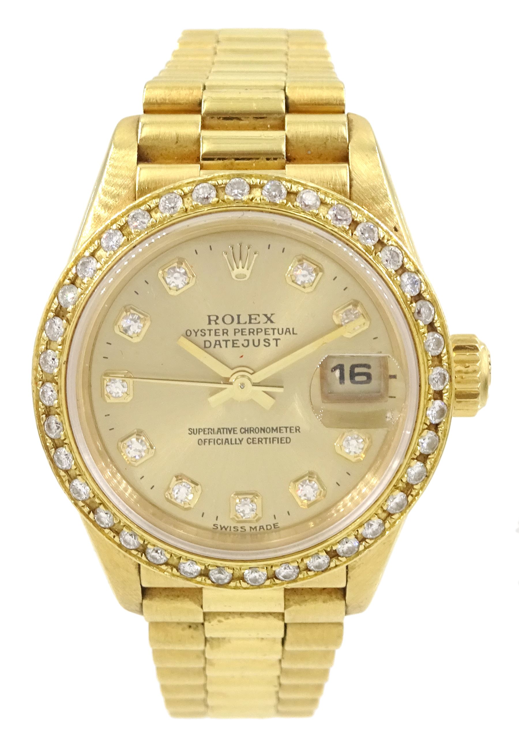 Rolex Oyster perpetual Datejust ladies 18ct gold automatic wristwatch, circa 1995, Ref. 69178, serial No. W687714, champagne dial with diamond hour markers, aftermarket diamond bezel and original gold bezel, on 18ct gold Rolex president bracelet with fold-over clasp, hallmarked, boxed with service guarantees