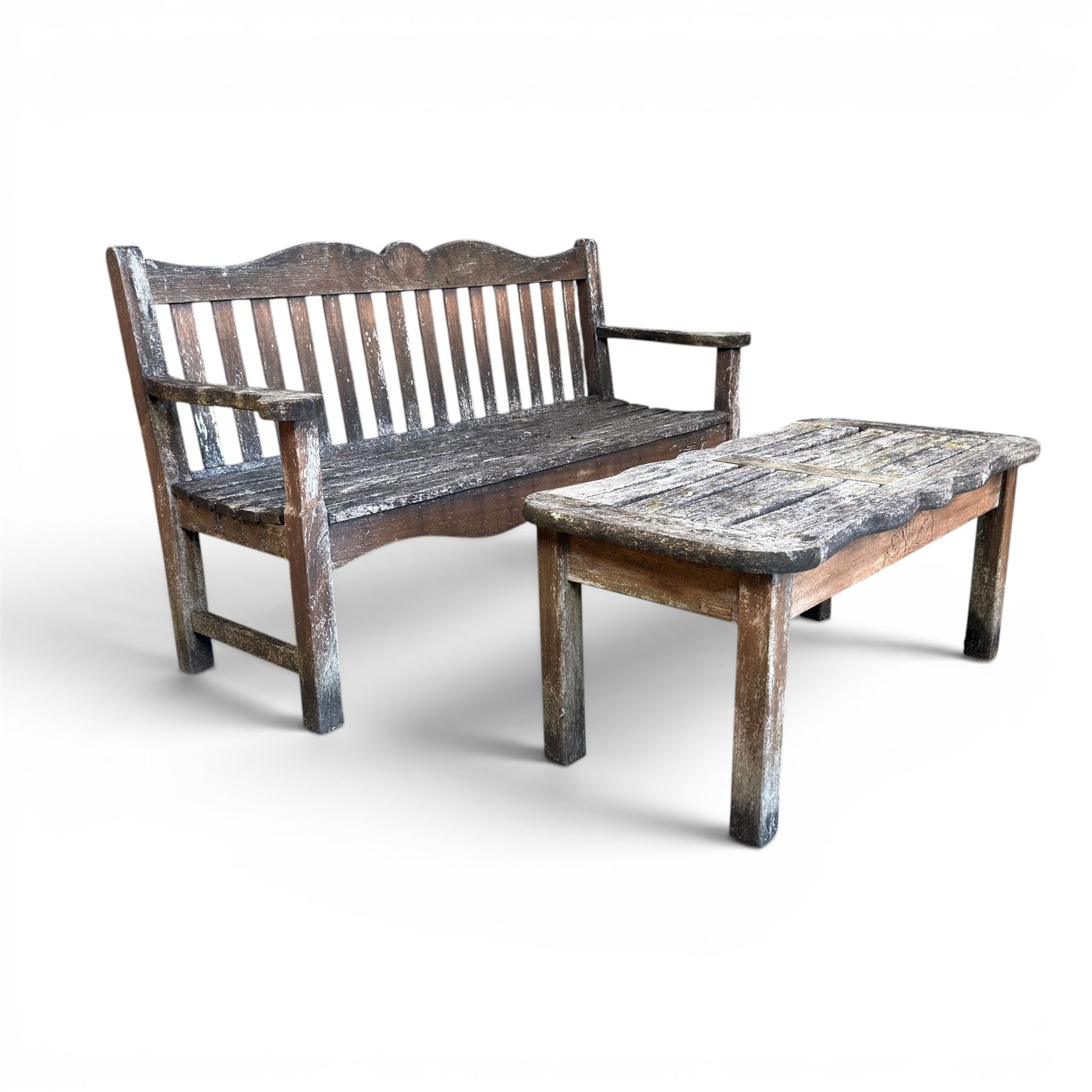 Teak garden bench, wavy shaped rail and slatted seat, with matching coffee table (2)