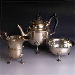 Early 20th century silver three piece bachelor's tea service, comprising teapot, open sucr...