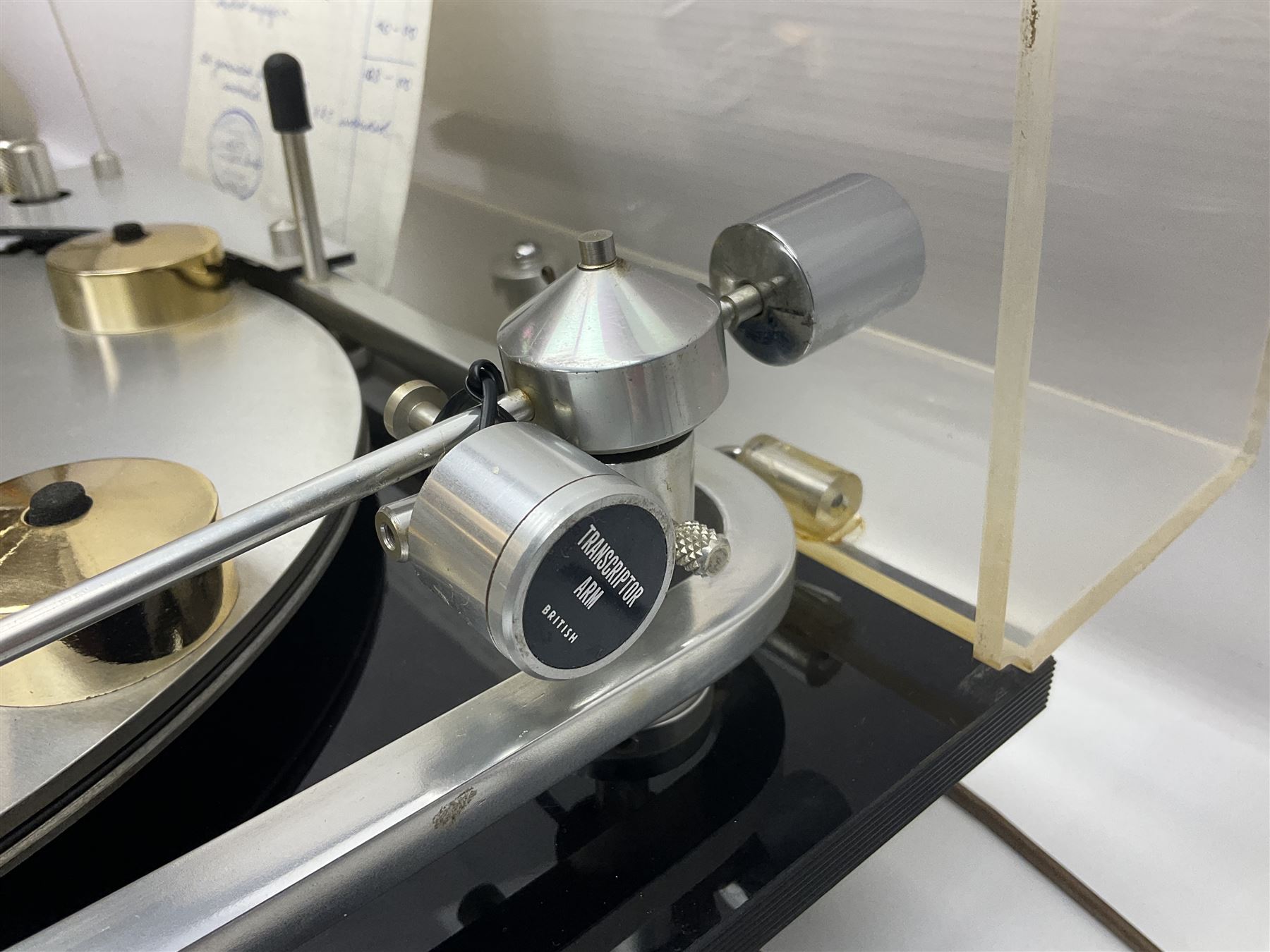 1970s Transcriptor Saturn turntable with paperwork including original receipt dated June 1973 and some accessories