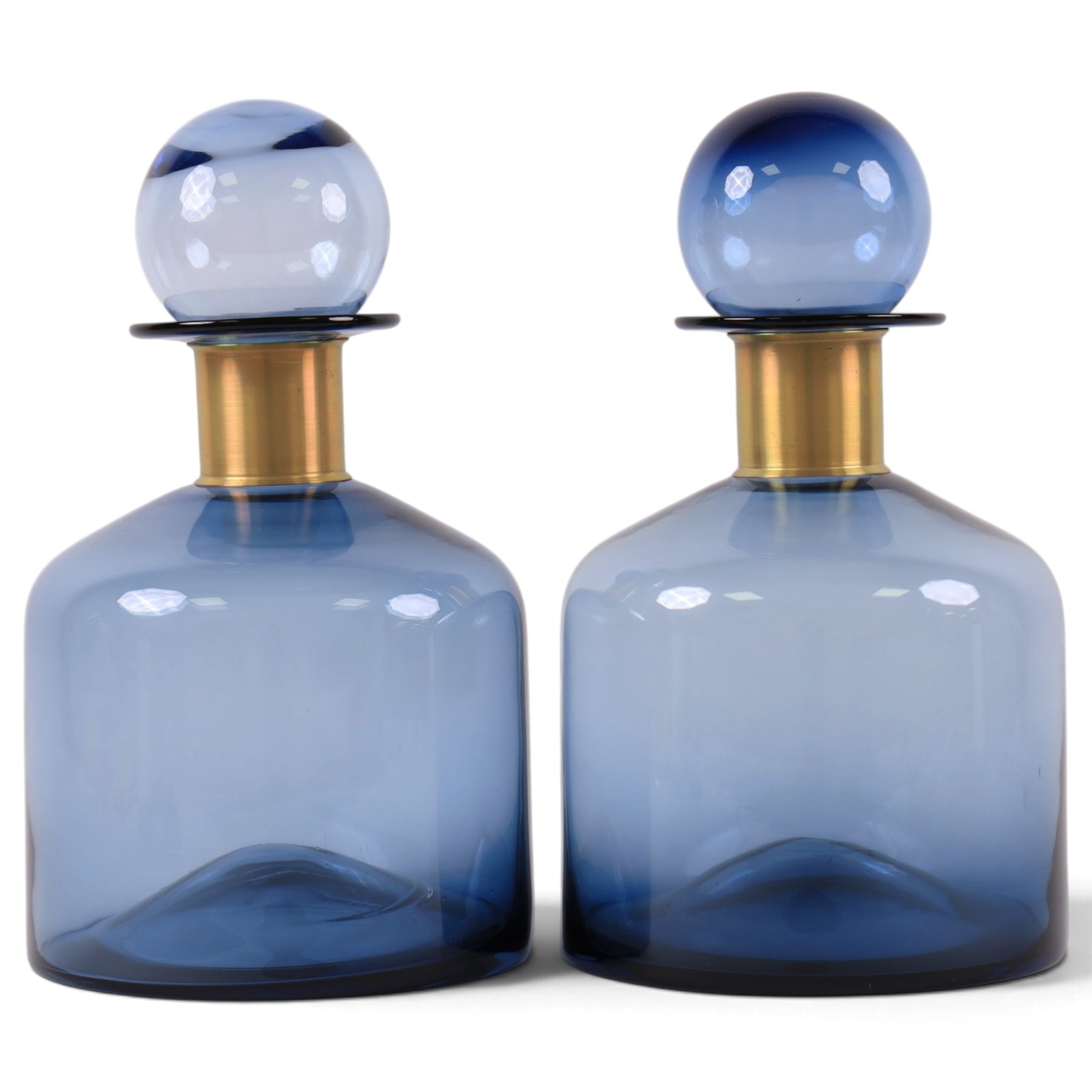 Pair of blue glass  bottles, with gilt metal collars, H40cm