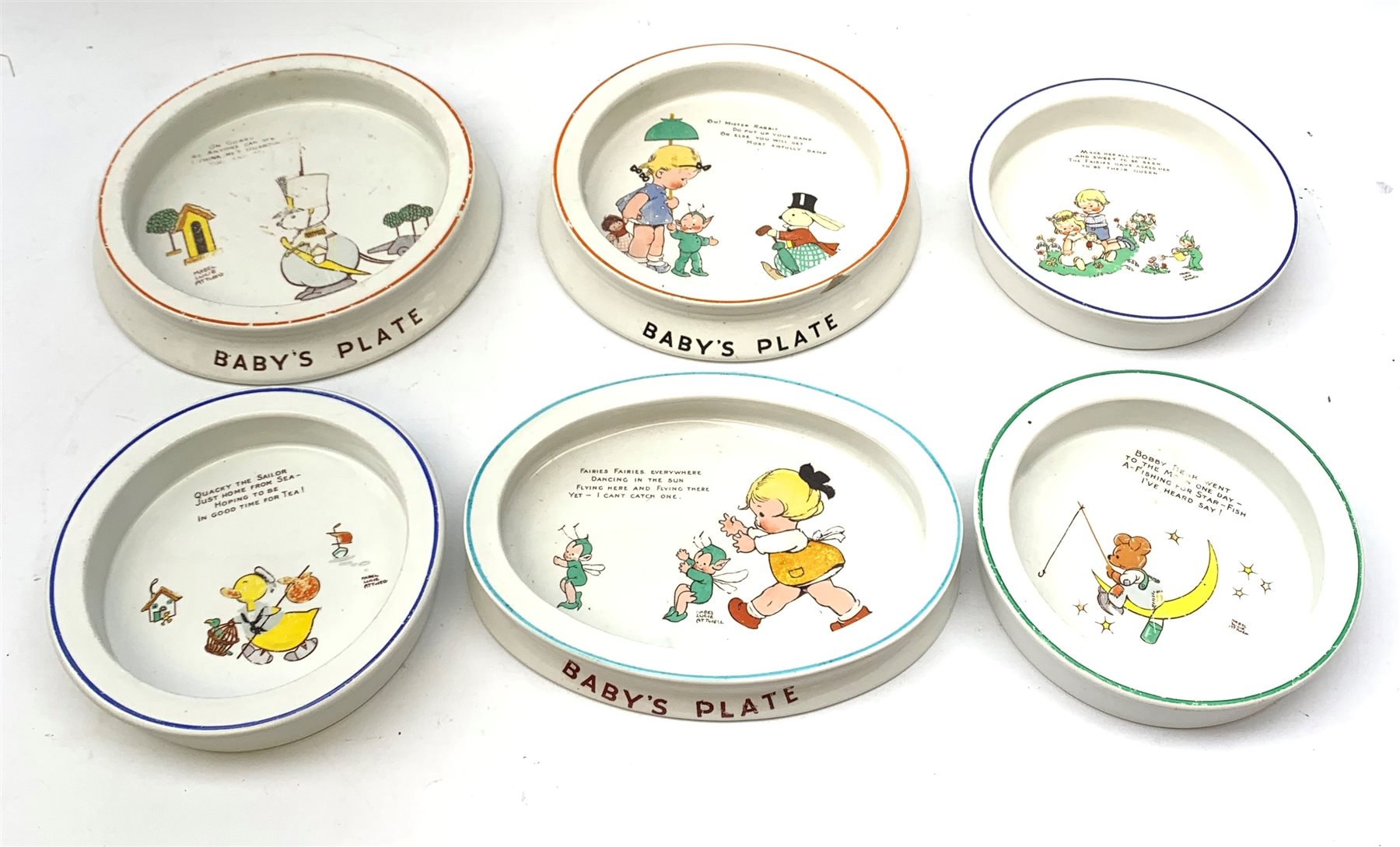 A group of Six Shelley Mabel Lucie Attwell baby plates, each with printed mark beneath. 