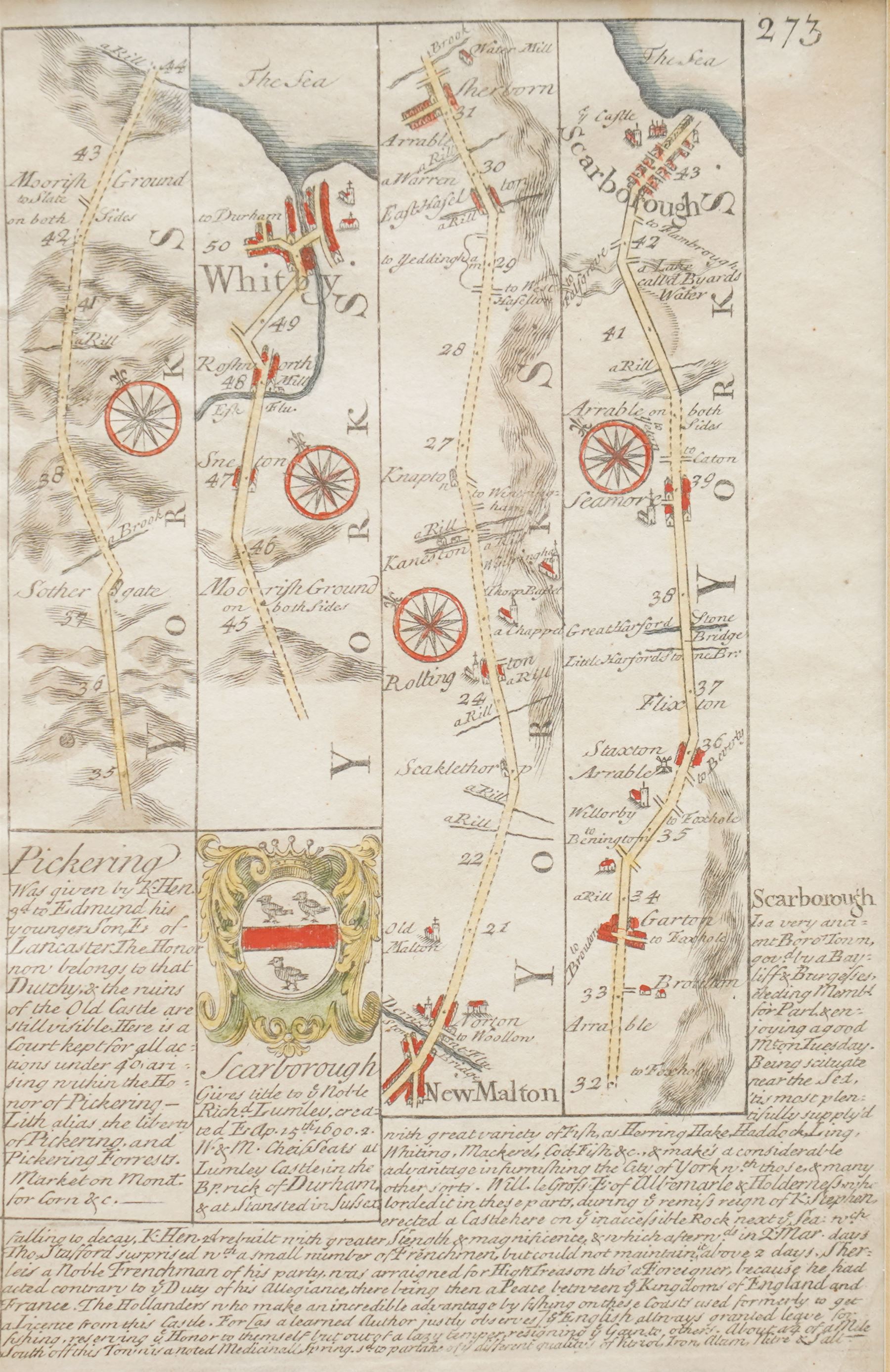 Thomas Kitchin (British 1719-1784): 'An Accurate Map of Yorkshire' and 'The North Riding of Yorkshire', two 18th century engraved maps with hand-colouring, together with an Owen & Bowen strip map of Pickering to Scarborough max 19cm x 24cm (3)