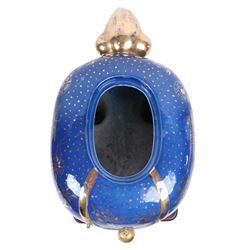 Pair of 20th century foo dog incense burners, decorated with gilt flowers and insects upon a blue ground, on wooden stands, H58cm 