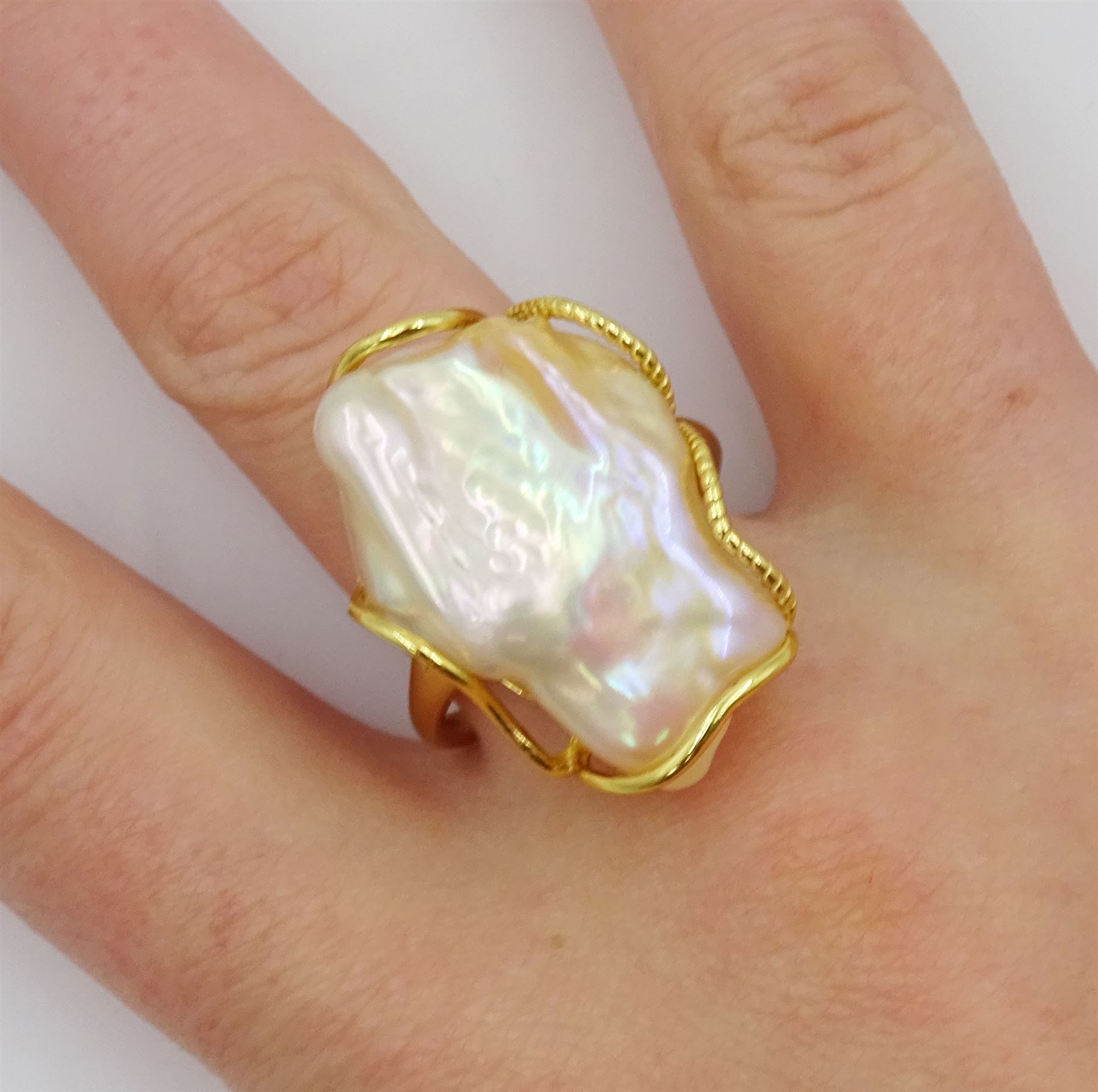 Silver-gilt Baroque pearl ring, stamped S925
