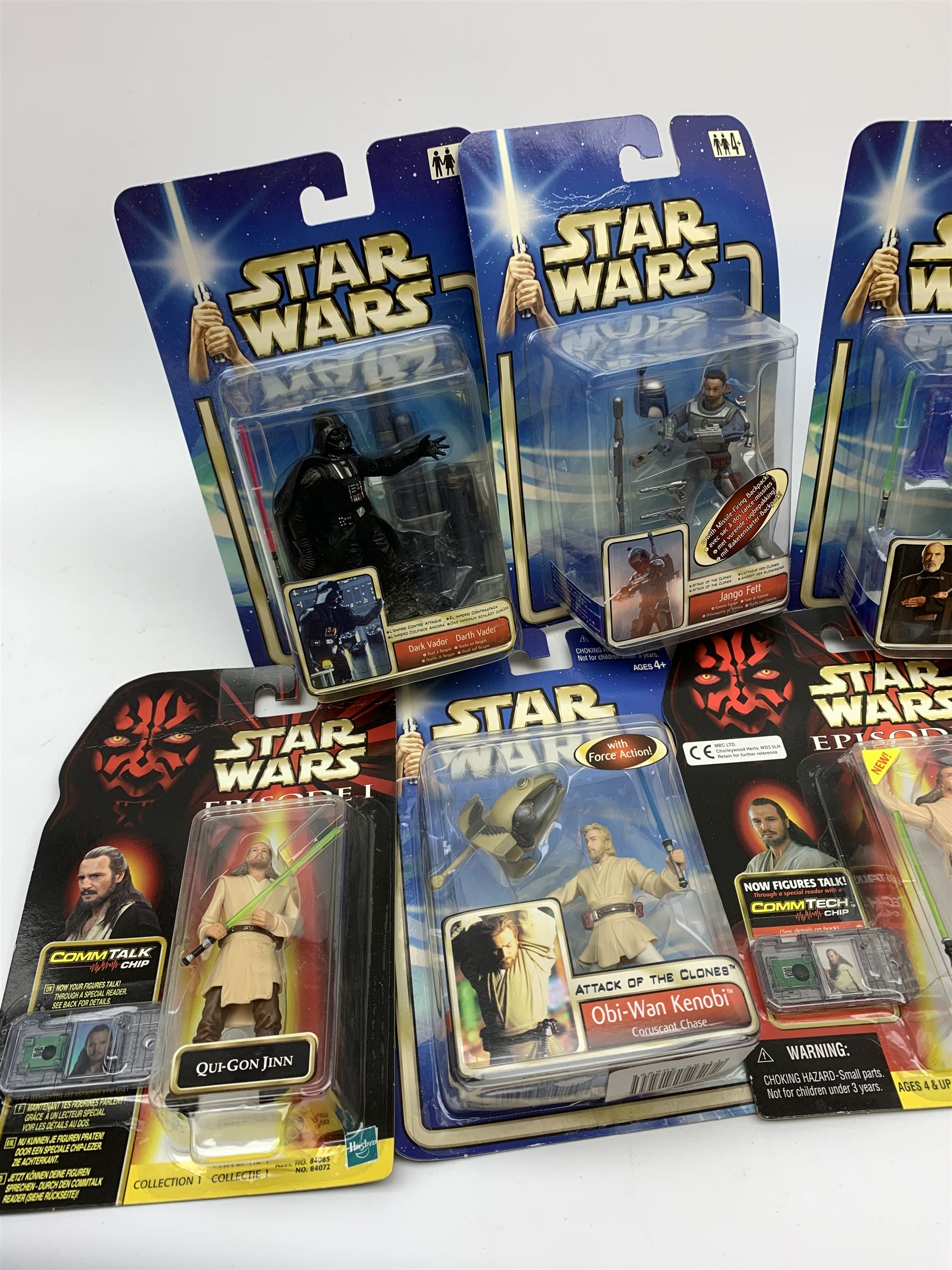 Star Wars - Episode 1 eleven Hasbro action figures, ten with CommTech chip, including two x Obi-Wan Kenobi, Battle Droid, Anakin Skywalker, four x Darth Maul (one Deluxe), Jar Jar Binks and two x Qui-Gon Jinn; together with five Attack of the Clones figures including Obi-Wan Kenobi, Count Dooku, Kit Fisto, Jango Fett and Mace Windu; and an Empire Strikes Back figure of Darth Vader; all in unopened blister packs (17)