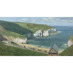 Walter Goodin (British 1907-1992): Panoramic View of 'North Landing Flamborough', oil on board signed, original title label with artist's Bridlington address verso 49cm x 89cm