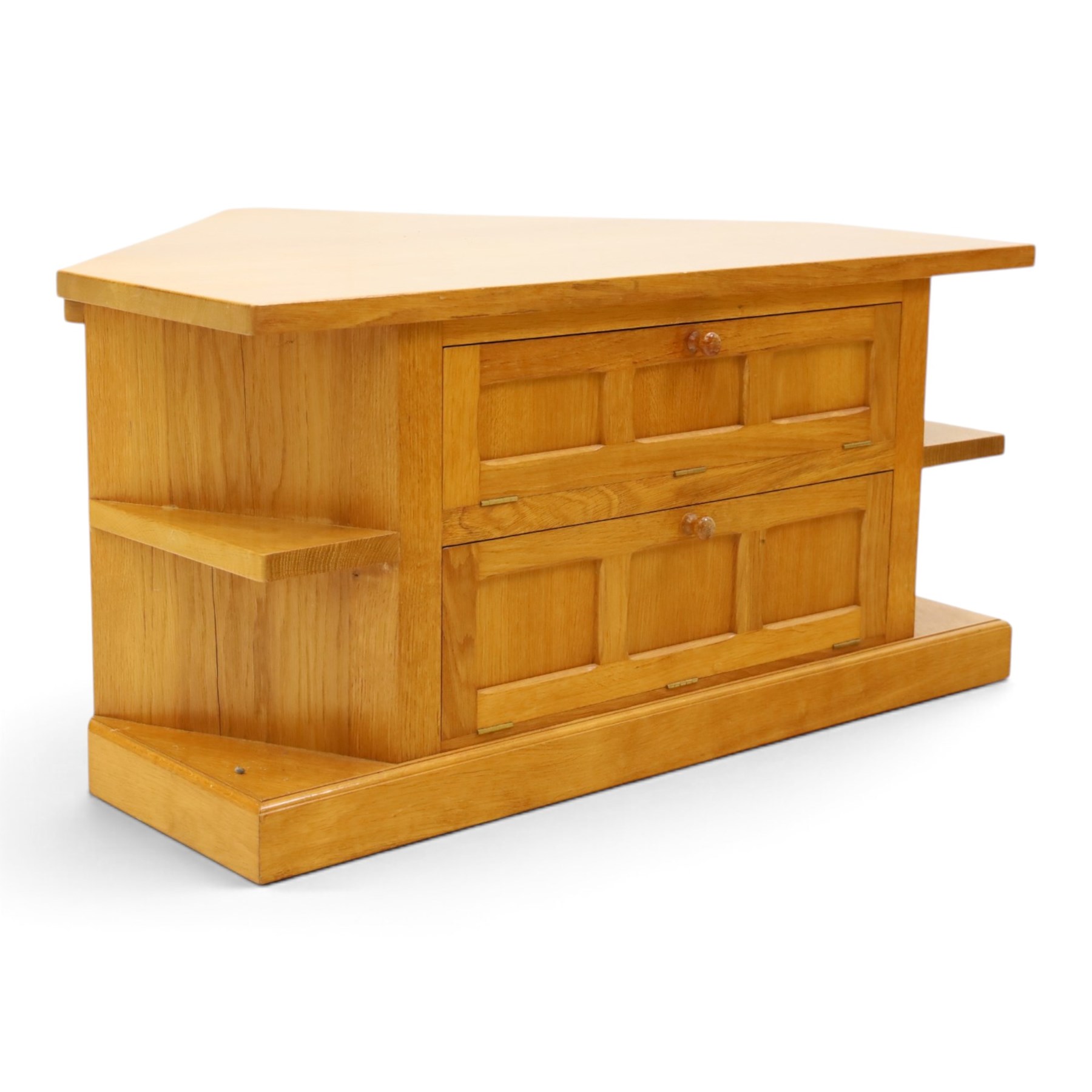 Seahorseman - craftsman made Yorkshire oak corner media unit, fitted with two panelled fall-front compartments flanked by open corner shelves, carved with seahorse signature, by Shaw and Michael Riley, Hessay, York
