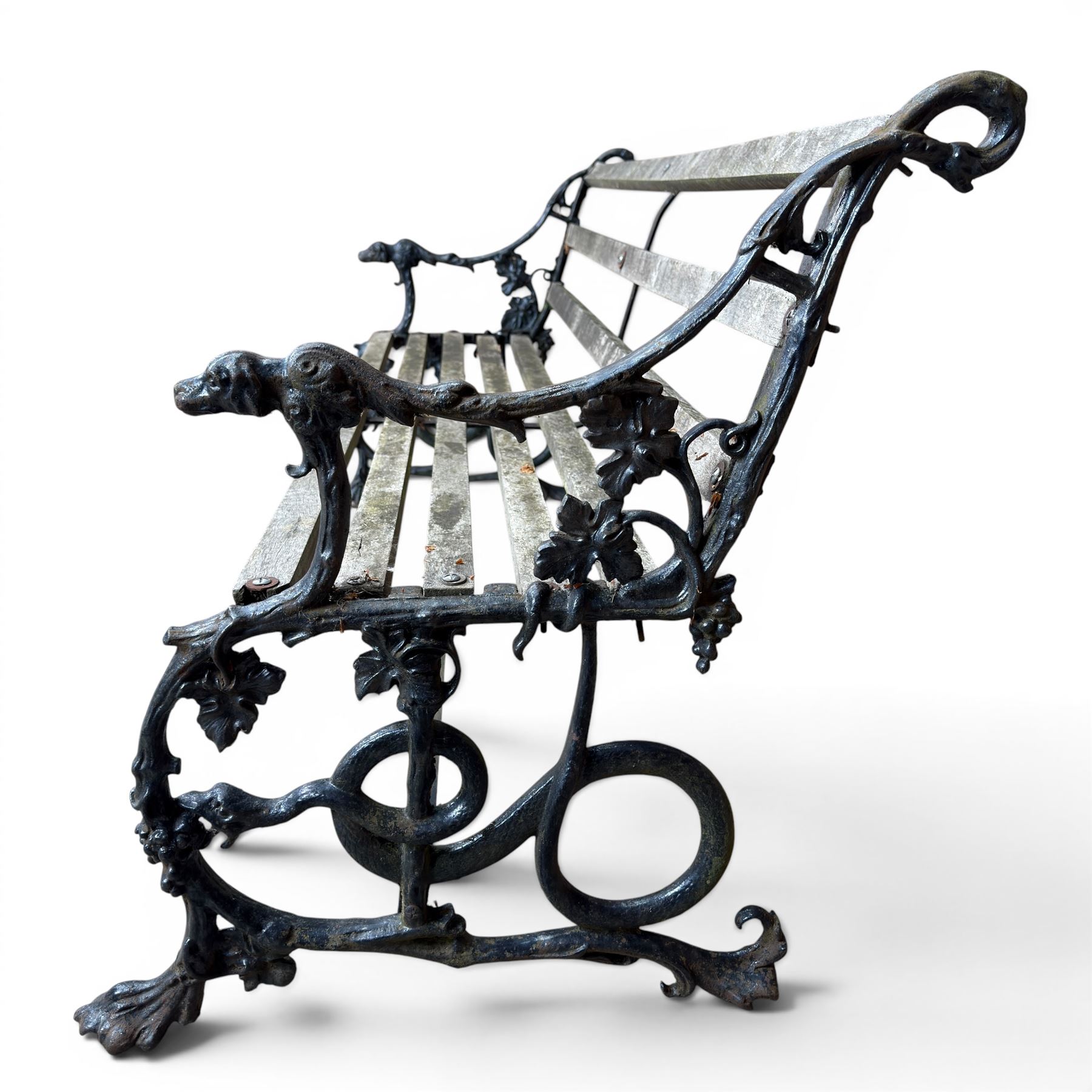 Victorian revival Coalbrookdale 'Dog and Serpent' pattern heavy cast iron garden bench, grape vine detail, joined with eight hardwood slats, finished in black paint