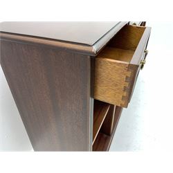 Sydney Smith - mahogany sideboard, cross banded and inlaid detail, three short drawers above three adjustable shelves, raised on platform base