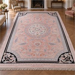 Large late 20th century Aubusson style wool carpet, peach and pastel toned field with cent...