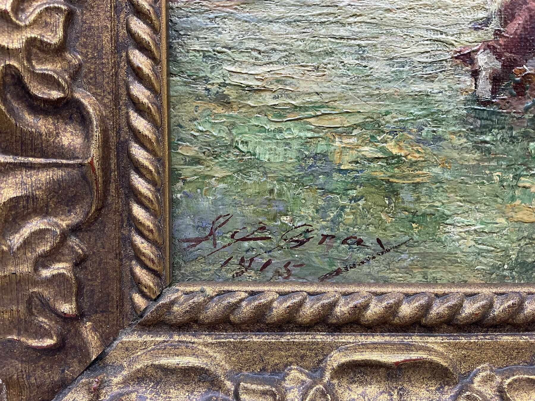 John C Gray (Scottish 1873-1958): Cattle Grazing, oil on canvas signed and dated 1915, 24cm x 34cm 
Notes: Gray, a Dundee artist, was born without arms and painted by holding a brush between his teeth and toes. 