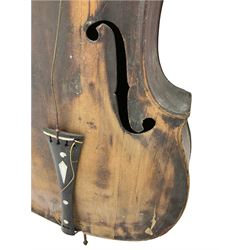 Early 19th century German cello requiring complete restoration, with 72cm two-piece maple back and ribs and spruce top, bears repair labels for Bolesen-Petersen Copenhagen 1914 and Gough & Davy Hull 1966, 117cm overall