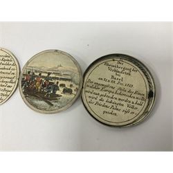 Grolier Club’s silver Schraubmedaille to commemorate the German campaign of 1813, obverse depicts a Greek temple, below “Eintracht Überwindet Alles”, the reverse depicts three figures and the text “Gerechtigkeit. Weisheit. U. Einigkeit. Beglücken. D.: Menschheit”, inside are twelve circular hand coloured engravings depicting six major battles of the German campaign, each with corresponding descriptions, D