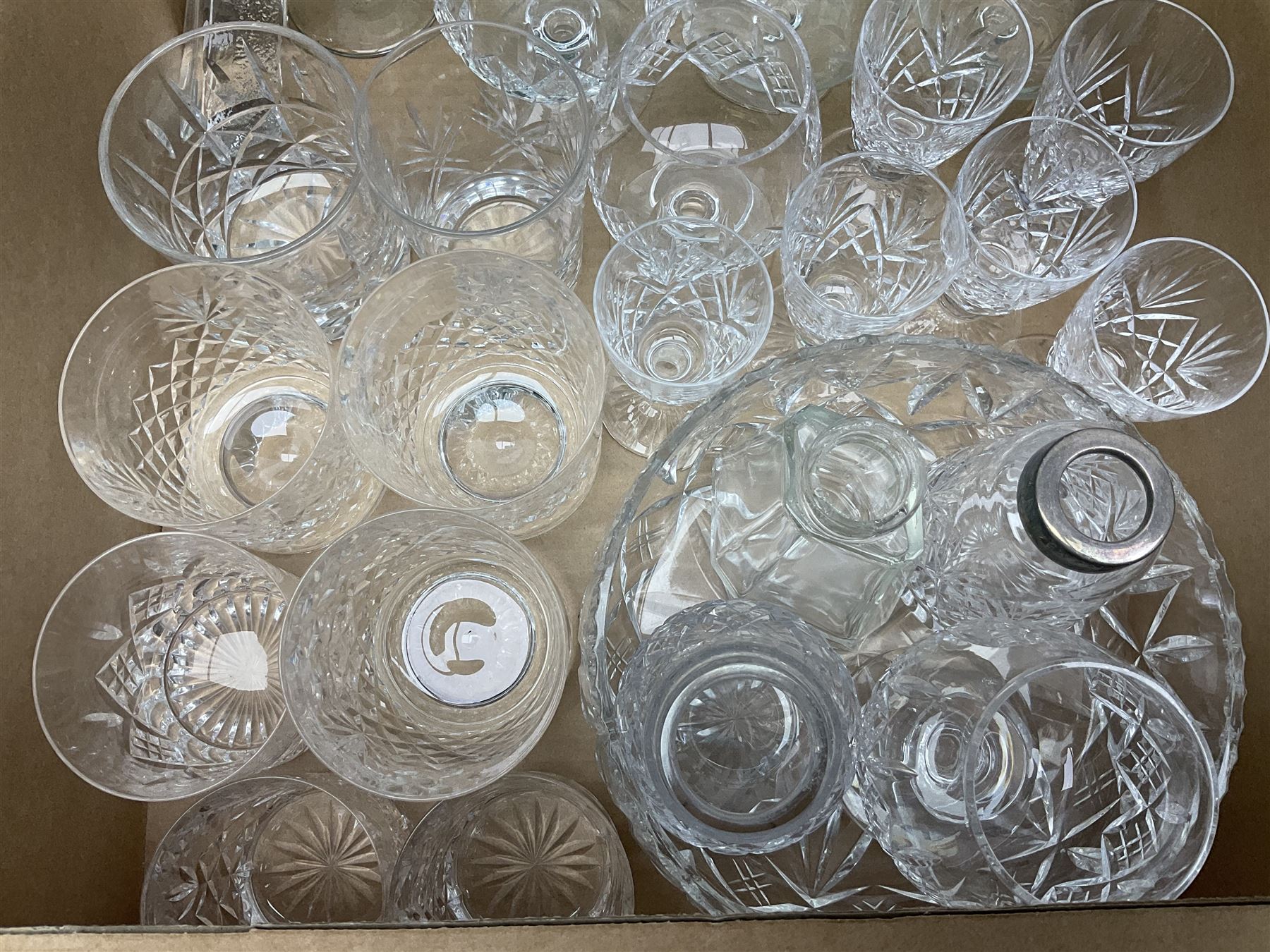 Quantity of glassware to include Mats Jonasson koala paperweight, set of six Stuart drinking glasses, seven green wine glasses with ovoid bowls, decanter, brass lamp etc