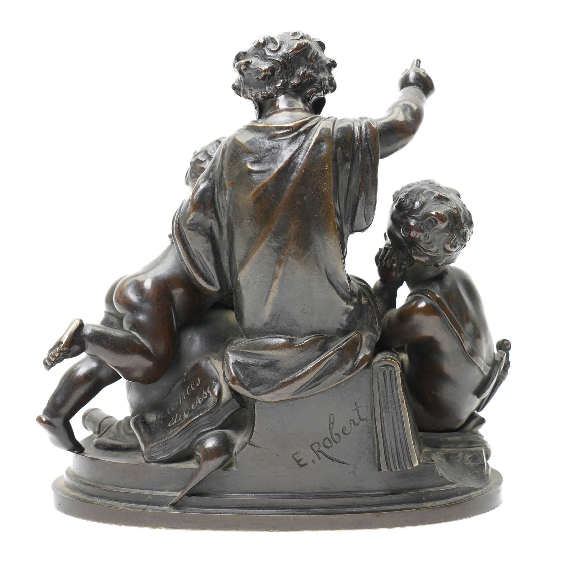 After Louis Valentine Elias Robert (French 1821-1874); pair of 19th century allegorical bronze groups, modelled as putti learning about the arts and sciences, bearing signature to the plinth, H17cm (2)