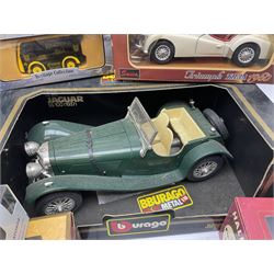 Bburago 1:18 scale Jaguar SS100 (1937); twenty-one modern die-cast models by Lledo, Days Gone, Corgi, Matchbox, Saico, Oxford etc; all boxed; three Disney Planes Microdrifters and eight Hot Wheels models; all in blister packs; and three others (36)