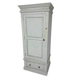 Painted pine single wardrobe, projecting cornice over panelled door, fitted with single drawer to base
