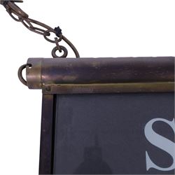 Early 20th century brass ceiling hanging illuminated sign 'sale room', H27cm, L48cm