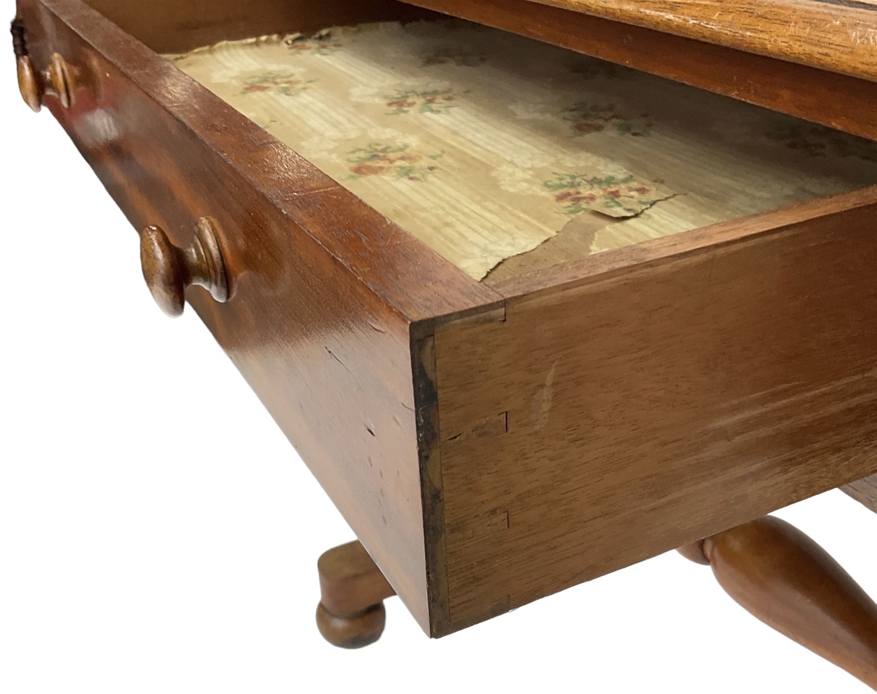 Victorian design mahogany side table, fitted with single drawer, raised on shaped end supports with bun feet, united by turned stretcher