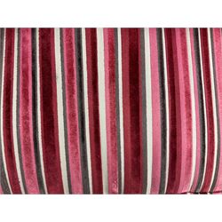 Collins & Hayes - grande three seat sofa upholstered in chocolate fabric, the loose cushions upholstered in textured fuschia stripes with contrasting spotted bolster cushions