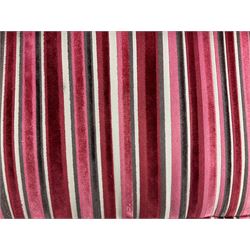 Collins & Hayes - grande three seat sofa upholstered in chocolate fabric, the loose cushions upholstered in textured fuschia stripes with contrasting spotted bolster cushions