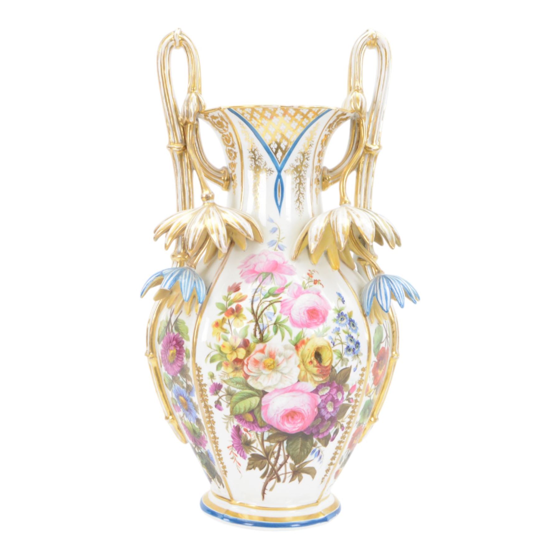 Large mid 19th century French porcelain vase, of baluster form with raised twin handles with applied stylised flower heads, the body painted with panels of pronounced floral sprays within blue and gilt borders, H58cm
