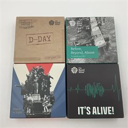 Four The Royal Mint United Kingdom silver proof piedfort two pound coins, comprising 2017 'First World War Aviation', 2018 'The 200th Anniversary of the Publication of Frankenstein', 2019 'The 75th Anniversary of D-Day' and 2020 'The 75th Anniversary of VE Day', all cased with certificates 