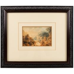 William Crouch (British fl.1817-1840): River Landscape with Distant Mountain and Lush Forest, watercolour unsigned 10cm x 15cm