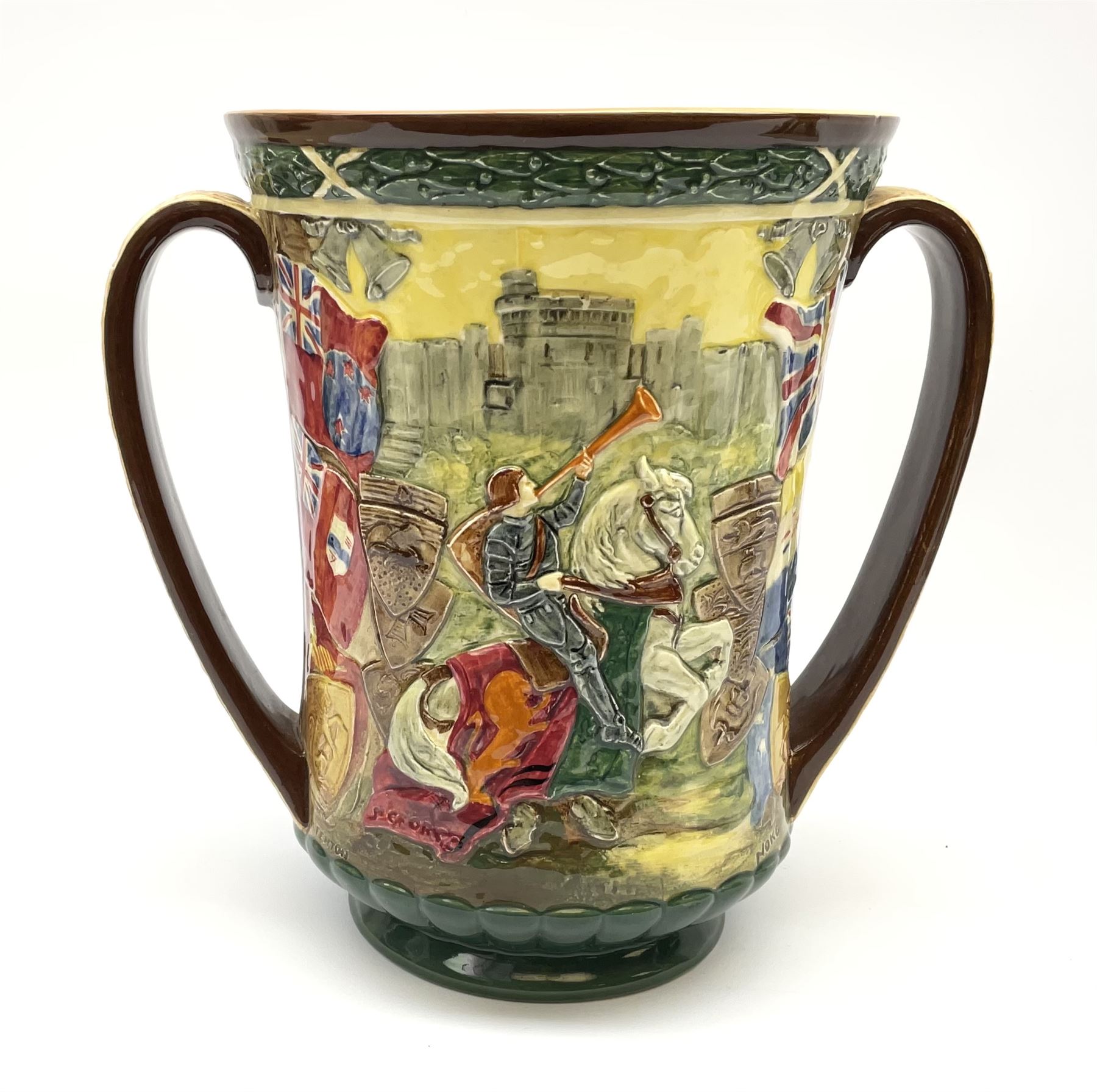 A Royal Doulton Charles Noke and Harry Fenton limited edition Coronation Loving Cup for Edward VIII, 1937, relief moulded with St George to one side and King Edward to the other, with printed marks beneath and numbered 667 of 2000, H26cm. 