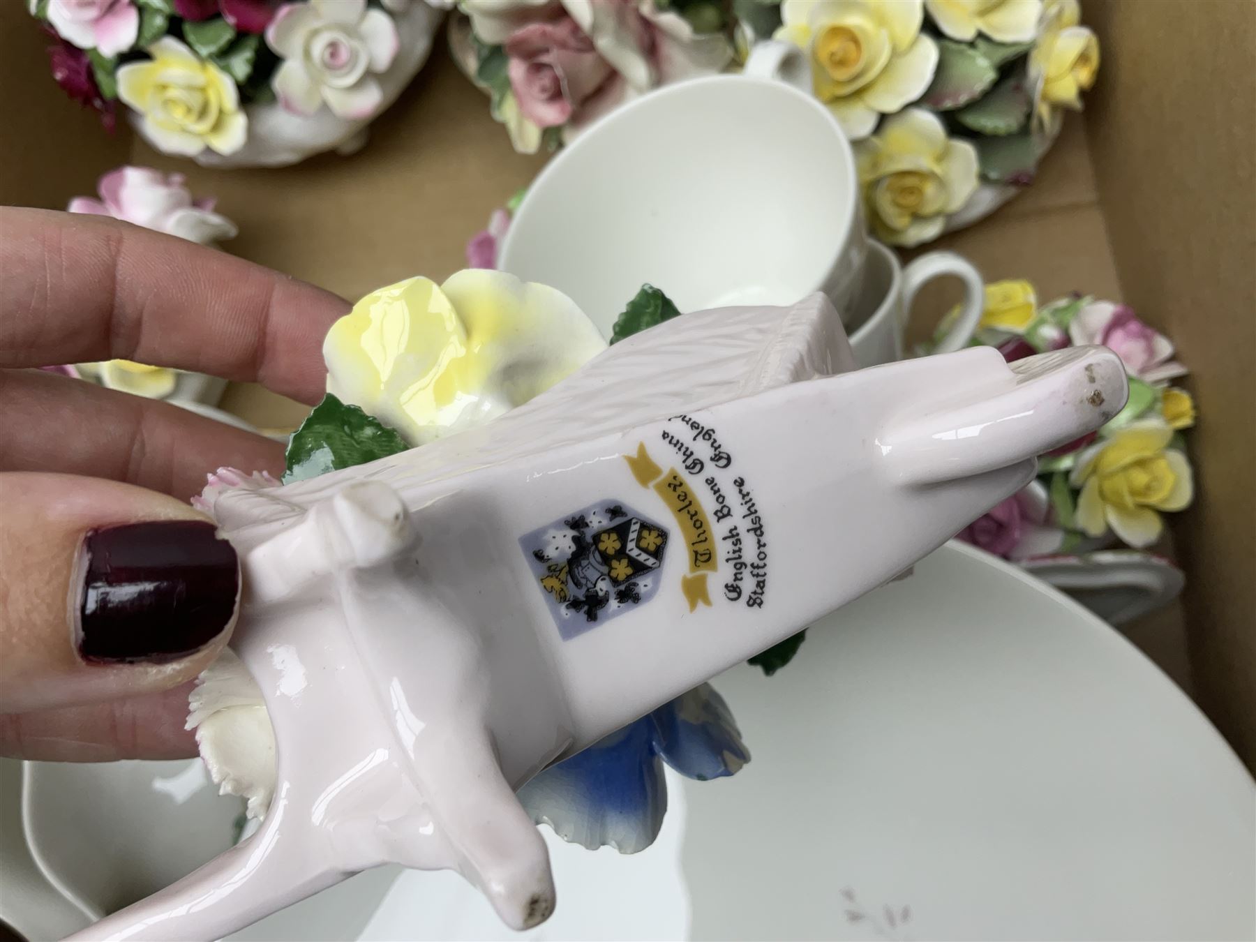 Royal Doulton Greenbrier pattern tea wares, together with a collection of porcelain flowers, Murano style coloured glass bowls, other ceramics and glassware, in four boxes 