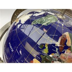 Modern hardstone inlaid terrestrial table globe in brushed steel stand, overall approximately H44cm