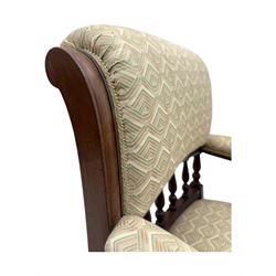 Late Victorian mahogany framed armchair, scroll back with spindle gallery, upholstered seat back and arms
