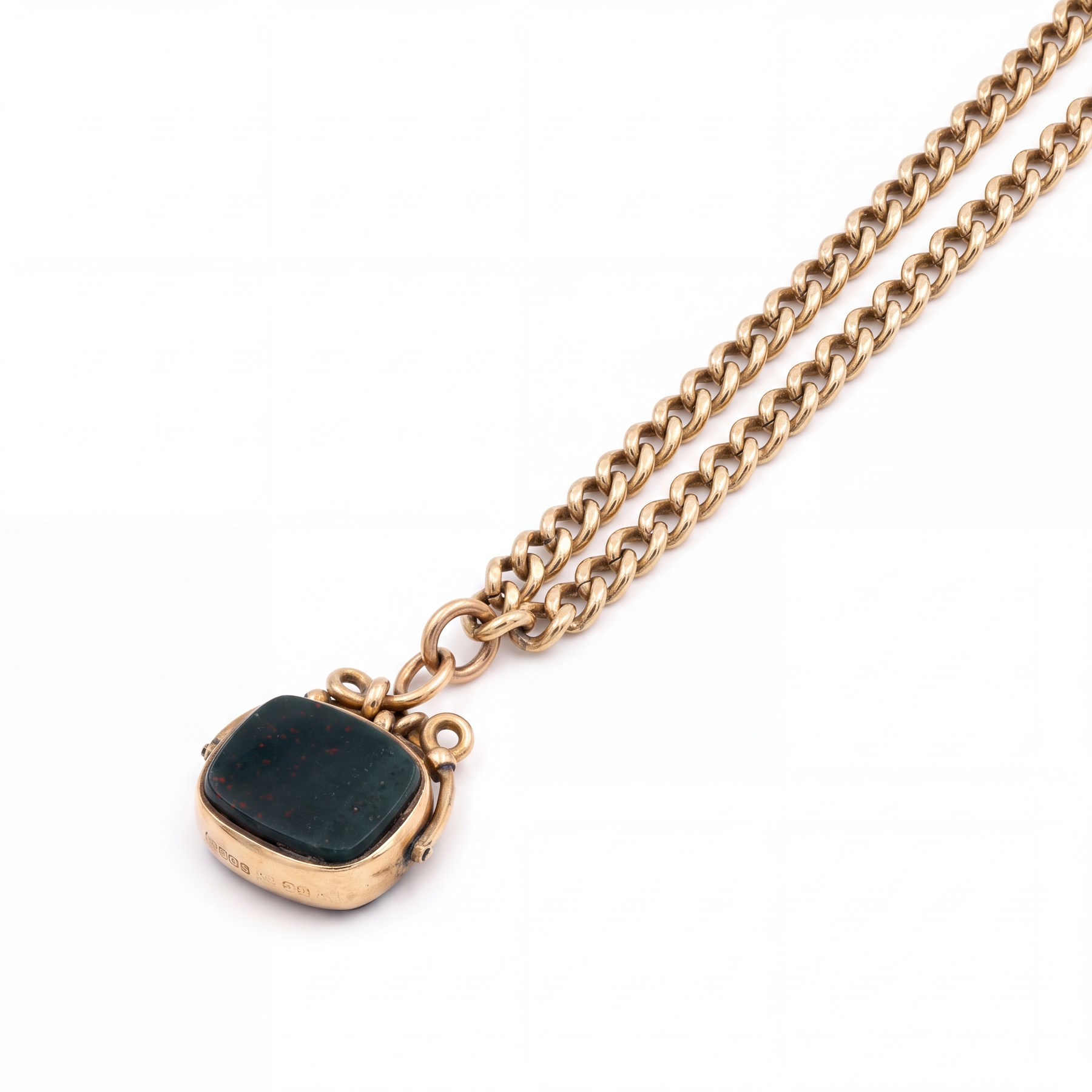 19th / early 20th century 9ct rose gold graduating Albert / necklace chain, stamped 9 375, suspending a 9ct gold bloodstone and agate swivel fob, Birmingham 1892