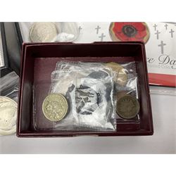 Commemorative and other coinage, including various Queen Elizabeth II 'London 2012 sports collection' fifty pence coins on cards, commemorative crowns, Millennium 2000 'Time Capsule' coin set, channel islands old round one pound coins, part sets etc