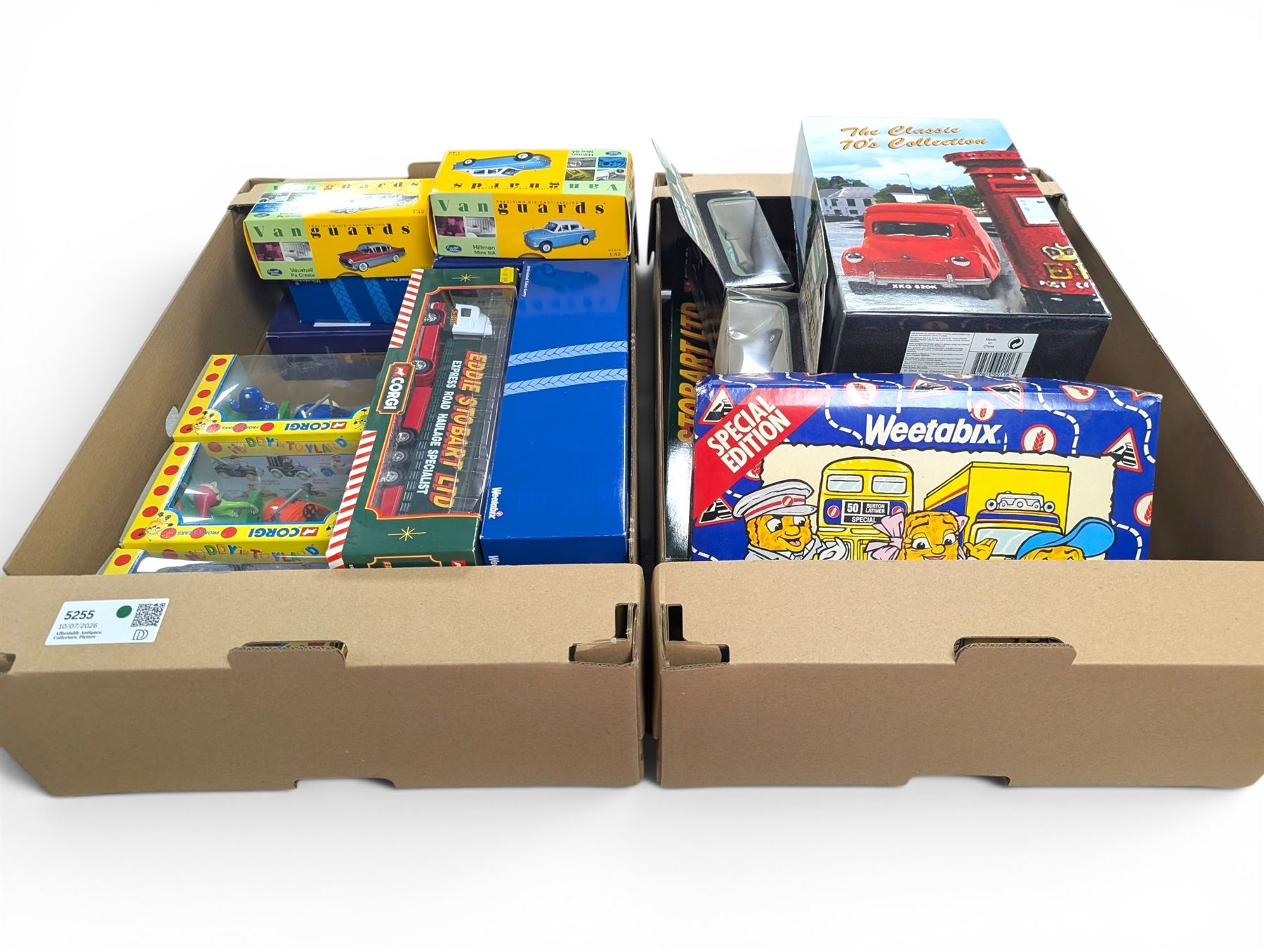 Collection of diecast model vehicles, including Corgi special edition giftsets - Weetabix, Royal Mail and Eddie Stobart, two Vanguards models, six Corgi Noddy vehicles, etc in two boxes
