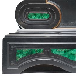 French-Late 19th century Belgium slate mantel clock, 8-day movement housed in a drum case with volutes, cradled within scroll supports and a shaped pendulum viewing glass with a brass surround, stepped plinth with incised decoration and malachite panels, two-piece enamel dial within a cast brass bezel, dial with Roman numerals, minute markers and steel moon hands, visible Brocot dead-beat escapement fitted with cornelian pallets, twin train going barrel movement with rack striking, sounding the hours and half-hours on a bell. With the original twin file mercury pendulum.
 