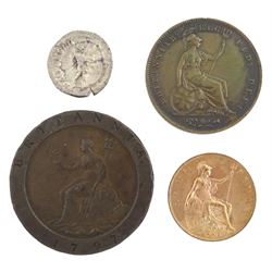 King George III 1797 cartwheel twopence, Queen Victoria 1853 penny and 1901 halfpenny and a Roman silver denarius coin