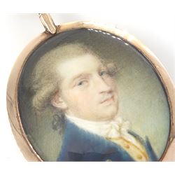 Samuel Shelley (British 1750-1808)
Portrait miniature upon ivory, circa 1790
Head and shoulder portrait of a gentleman in blue coat and yellow waistcoat 
Within period gold fausse-montre case with hair work verso
Oval 3.75cm x 3cm

Samuel Shelley first exhibited at the Society of Artists in 1773, entering the Royal Academy Schools the following year where he exhibited work up until 1804. 
Largely considered to have been self-taught, Samuel Shelley worked in a range of mediums throughout he career, producing watercolours, oils, book illustrations and engravings, but is arguably best known for his miniature portraits in watercolour, a medium which he championed establishing the first watercolour society in around 1804.
Shelley was a prominent and popular miniaturist during his time, and today his works feature in many major museums.  
