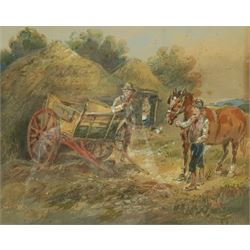 Harden Sidney Melville (British 1824-1894): A Chat Beside the Haycart, watercolour signed 17cm x 32cm