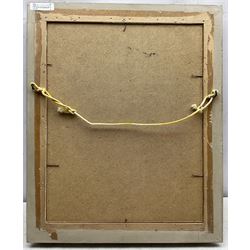 Raymond Arthur Roadnight (British 1941-): 'Julia', oil on board titled in the artist's hand 44cm x 34cm 
Provenance: the artist's studio collection. Born in High Wycombe, Roadnight spent three years training under Patrick Reyntiens and John Piper creating stained glass windows for Liverpool and Coventry cathedrals. These works included the great baptistry window in the New Coventry Cathedral, the 'Lantern' atop the Catholic Cathedral in Liverpool, and the grand windows in Oundle School Chapel. He has exhited at Royal Academy, Alfred East Gallery, Chichele College in Higham Ferriers, and Burleighfield House in Loudwater.