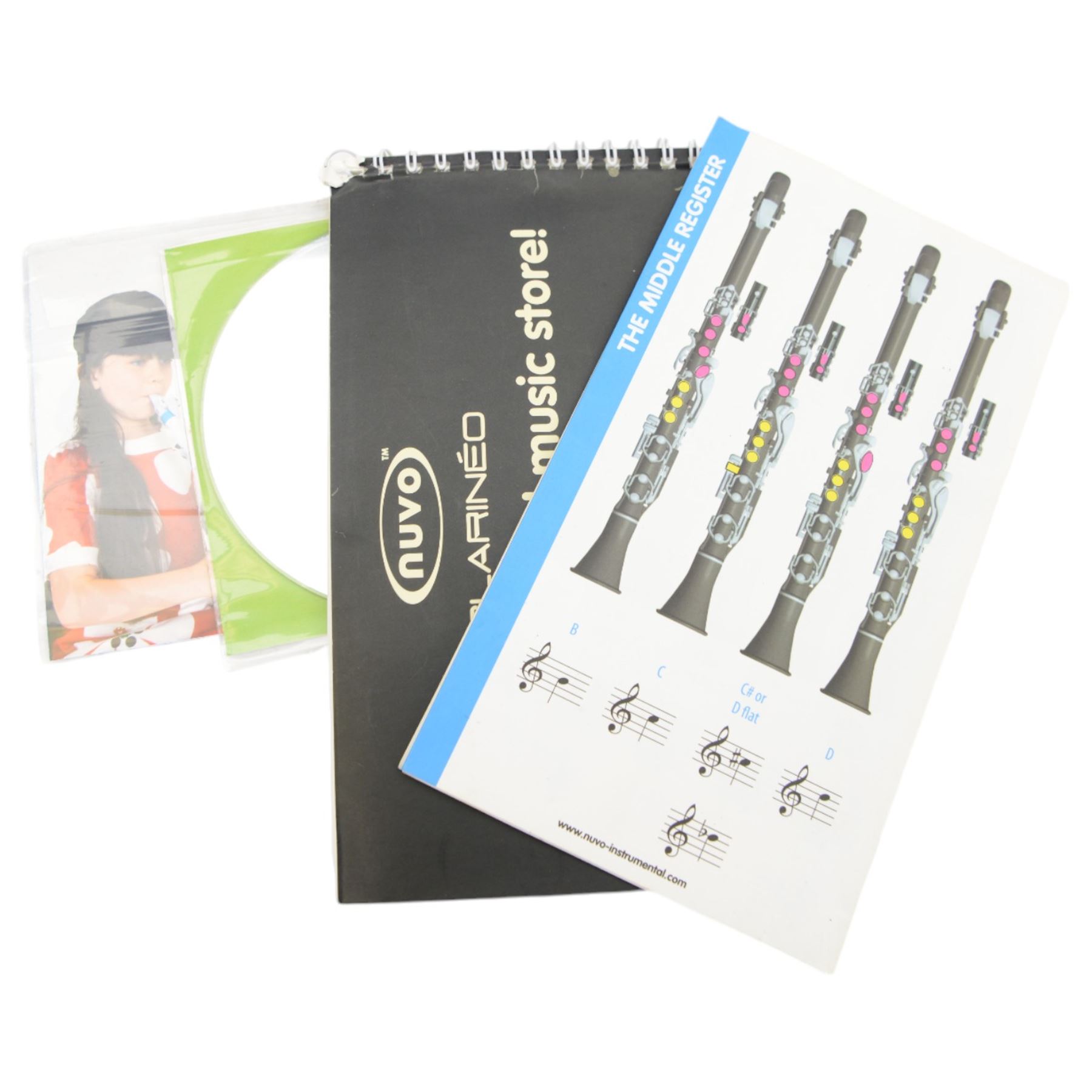 Two Clarineo Numo TM plastic C clarinets, one black and one white, in soft carry cases with instrucional cds and other accessories 