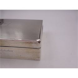 Modern silver mounted cigarette box, of rectangular form, with personal enraving to front and engine turned decoration and initials to cover, opening to reveal soft wood lined partitioned interior, hallmarked Frederick Field Ltd, Birmingham 1962